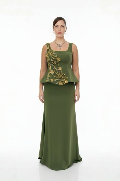 فستان سهرة كاكي بحمالات رفيعة، مقاس كبير